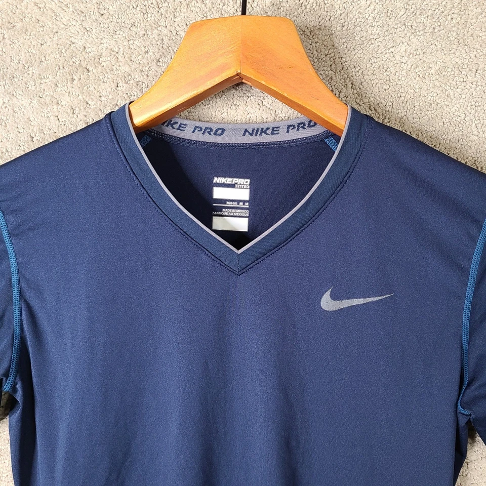 Camisa Nike Pro para mujer mediana azul ajustada cuello en V atlética elástica manga corta Foto 2 de 4