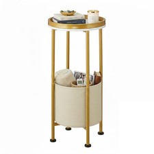 Small Round Side Table with Storage Basket, 2-Tier Round End Table for Living...