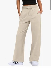 Anrabess Straight Leg Jogger Pants Women’s Medium Drawstring Pockets Cream