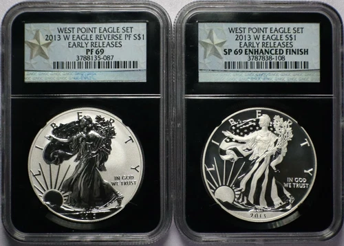 2013-W 2 Coin West Point Mint Silver Eagle Set NGC PF69 & SP69 Black Core Holder