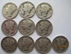 1920 to 1944 Silver Mercury Dime set, 10 Different Circulated Dimes
