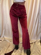 Vintage 1960s Maroon Red Velvet High Waisted Bell Bottom Flare Pants 26 27 Small