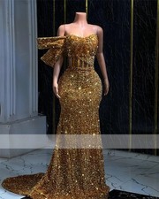 Gold Prom Dress Long One Shoulder Bead Crystal Dress Birthday For Women Sequin