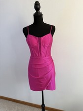 Blondie Nites Hot Pink Satin Corset Mini Dress NWT Size 7 Ruched Party Prom