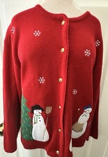 Croft and Barrow Womens XL Red Snowman Trees Holiday Embroidered Granny Cardigan