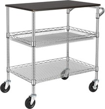 3 Tier Heavy Duty Commercial Grade Utility Cart with Wood Top Wire Rolling Cart
