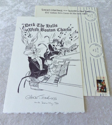 Chuck Jones Bugs Bunny Daffy Duck piano pencil signed Xmas card print & envelope - Image 1 of 4
