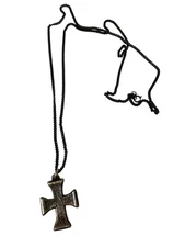 Vintage SDL Cross Pendant Necklace Oxidized Silver Finish On Black Chain