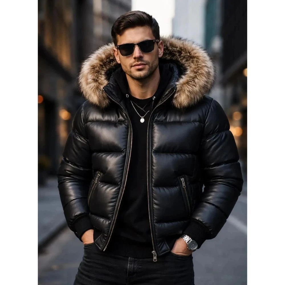 Men’s Black Real Sheepskin Leather Puffer Jacket Fur Hood Warm Winter Coat
Opens in a new window or 