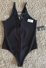 Express Black Lace-Up Front One-Piece Bodysuit Stretch Regular Size L