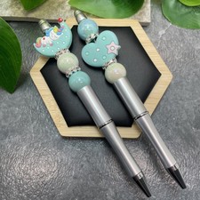 2 PC Handmade Silicone Acrylic Beads Black Ink Pen Set Unicorn Heart New C1598