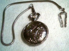 WIND UP SILVER TONE Pocket Watch WHITE DIAL HORSES R.CHURCHILL-w chain