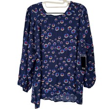 A.N.A Round Neck 3/4 Sleeve Geo Floral Navy Blouse Size XL