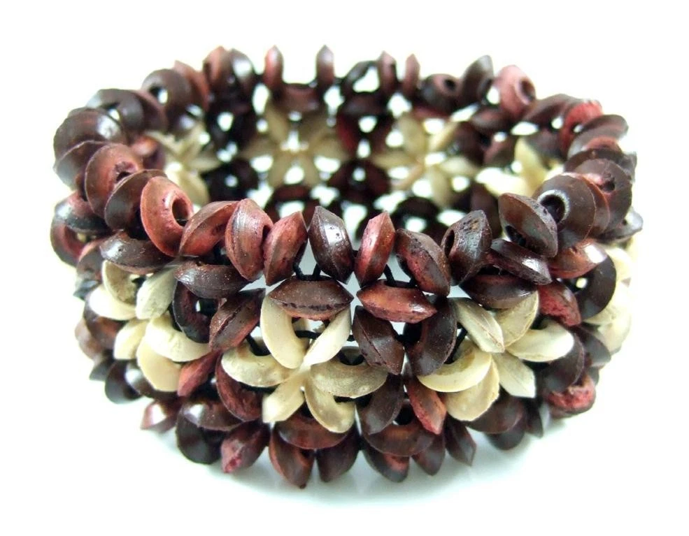 Flower Pattern Coconut Wood Beads Stretch Cuff Bracelet Handmade Jewelry FA043
