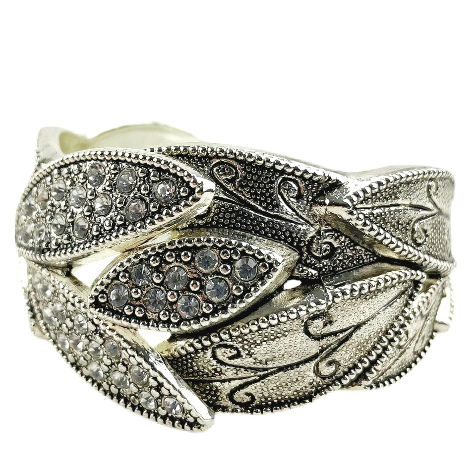 Brazalete Brazalete con Bisagras Hoja Marcasita Grueso Ancho Tono Estaño Metal Declaración Foto 2 de 4