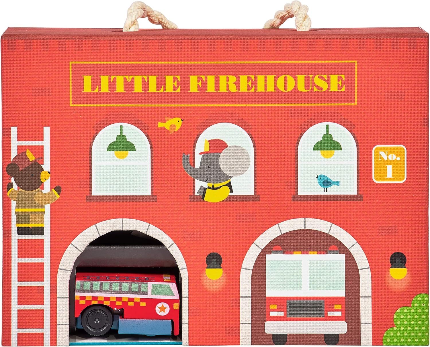Petit Collage Wind Up Toy Playset, Little Firehouse ? Wooden Toddler Toy Set wit
