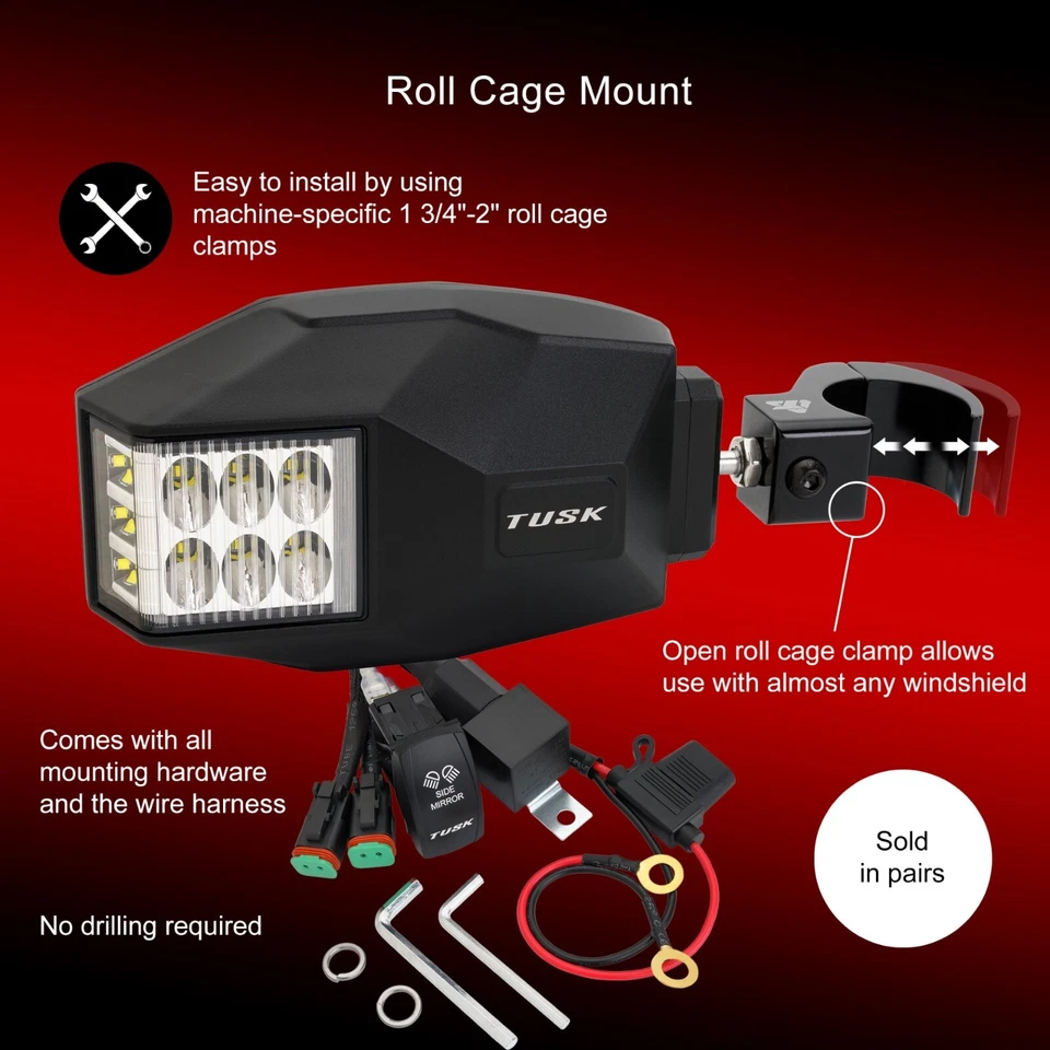 Tusk UTV LED Sideview Mirrors with 2" Roll Cage Bar Clamps Foto 2 de 4