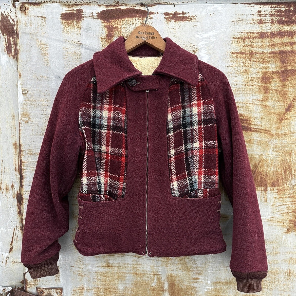 Vintage 1930s Plaid Wool Sheepskin Lined Side Buckle Jacket Womens