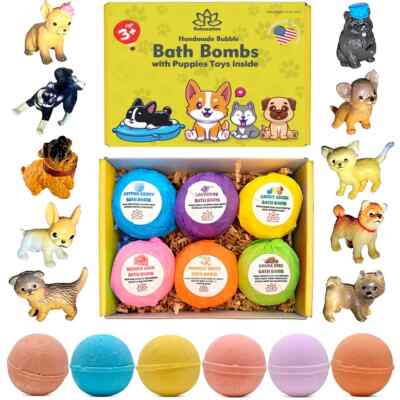 6 Organic Bath Bombs For Kids with Surprise Inside LITTLE PUPPY TOYS 5 oz each
