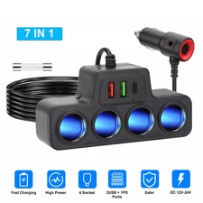7-in-1 4Way Car Cigarette Lighter Socket Splitter Fast Charger Power Adapter 12V