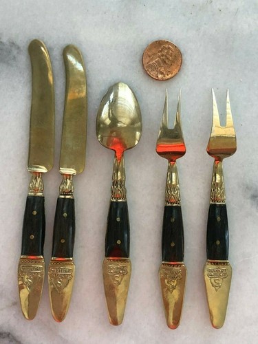 Vintage Samram Thailand Siam Small Brass Teak Handle Fork Knife Spoon Lot 5 WOW - Picture 2 of 2