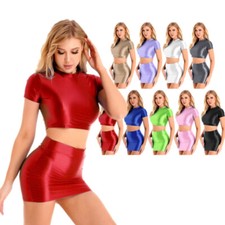 Womens Shiny 2Piece Outfits Glossy Oil Crop Top with Mini Skirts Smooth Clubwear