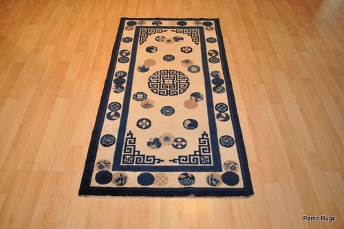 ANTICO TAPPETO CINESE 2' 7" X 4'3" tappeto orientale cinese, fatto a mano, blu e beige - Foto 12 di 12