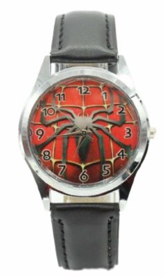 SPIDERMAN Spider Logo Black Genuine Leather Band Wrist Watch
