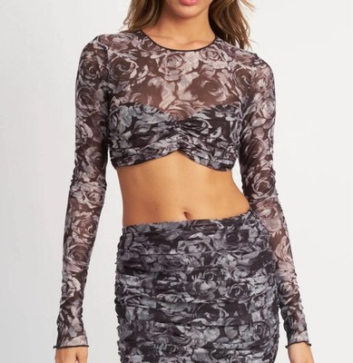 Emory Park Black Ivory Crew Neck Ruched Mesh Floral Crop Top Size S NWOT!