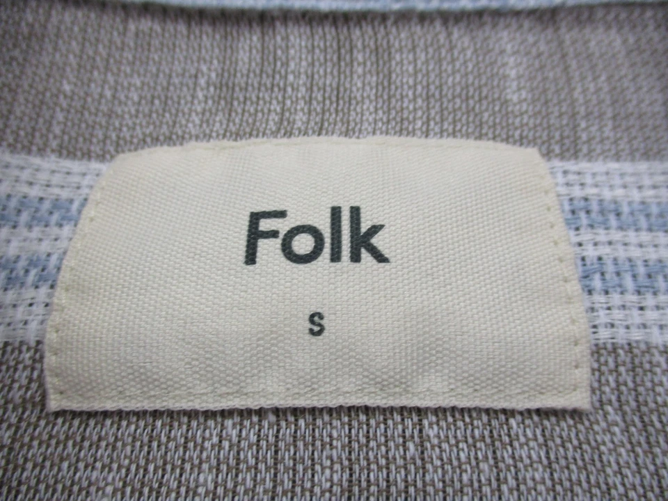 Folk Shirt Mens Small Tan Blue Striped Linen Cotton Short Sleeve Camp Collar - Image 2 of 4