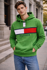 Tommy Hilfiger Men  s Green Colorblock Hoodie Pullover Logo Sweatshirt Size S-3XL
