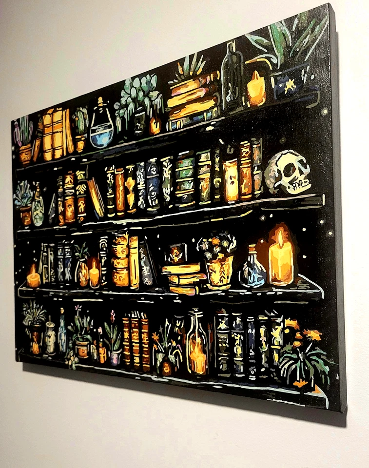 Pintura completa y enmarcada 12x16 por números "Librería embrujada" con comadreja Foto 2 de 4