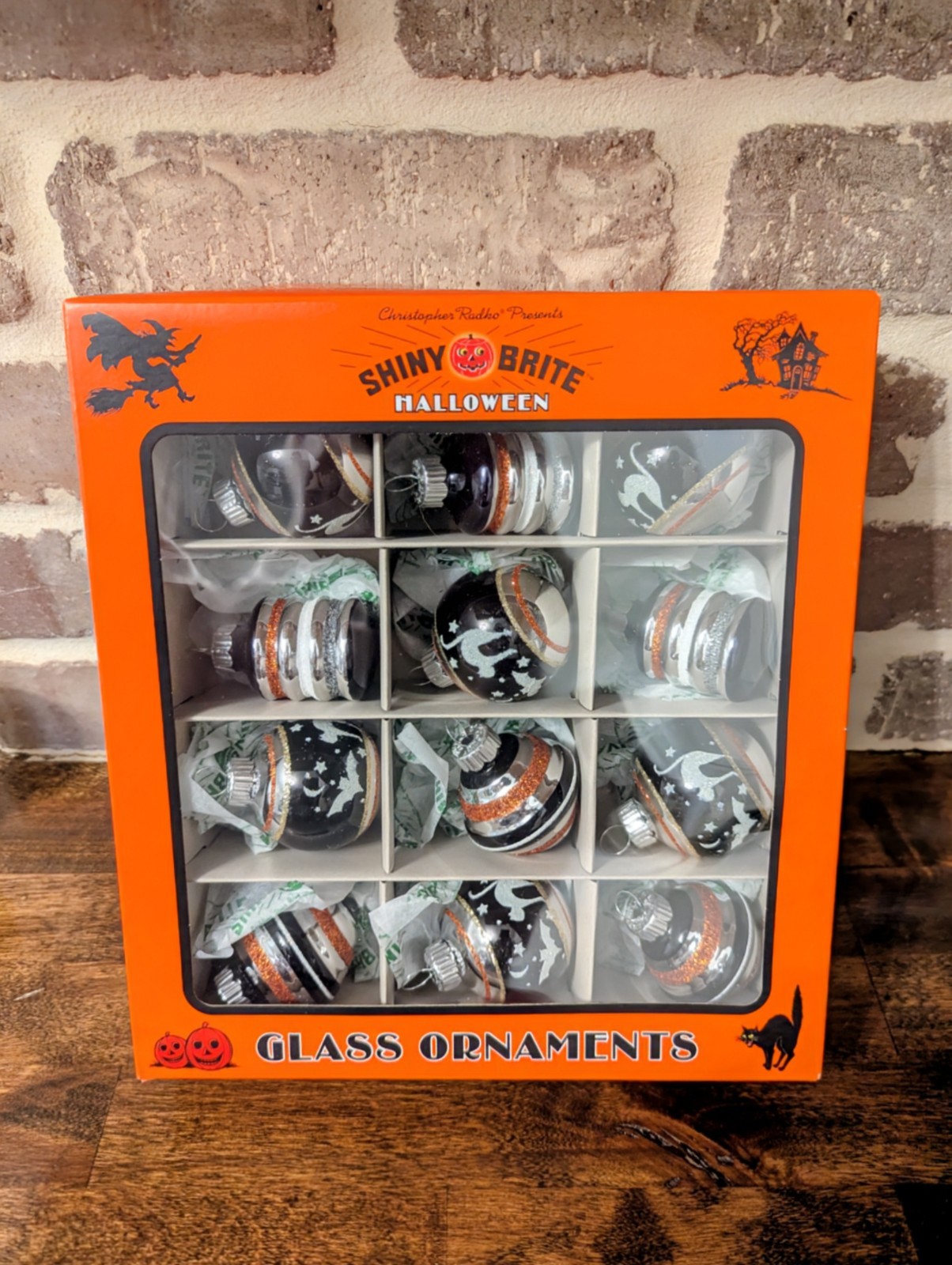 Christopher Radko Shiny Brite Bright Halloween Glass Ornaments 12 Set Spiderwebs