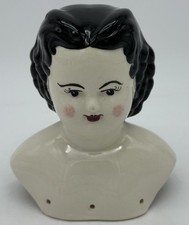 Vintage Glazed Ceramic Doll Head Black Hair Eyes 3 Sewing Holes