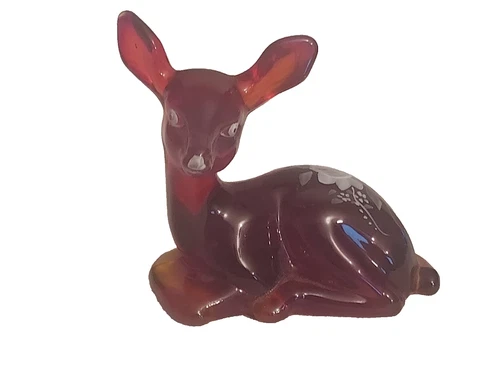 SILVER ROSE Fenton RUBY RED Hand Painted DEER Signed FREDERICK Glass FIGURINE