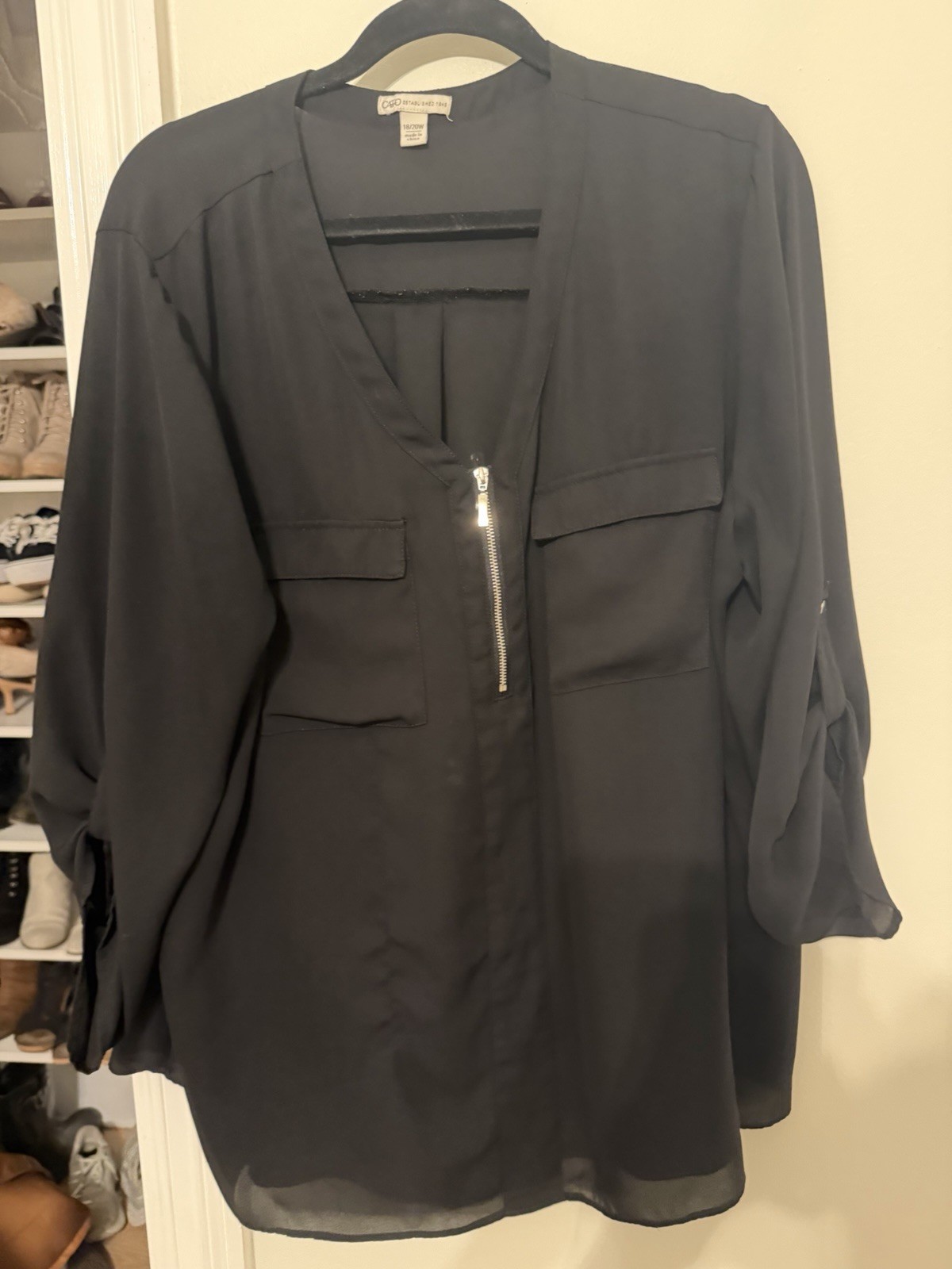 Cato Women's Blouse Sheer Black Half Zip Long Sleeve Size 18/20 With Pockets
