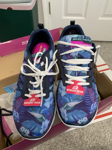 New Skechers Flex Appeal Memory Foam Navy Floral Bloom Sneakers Size 9 Flamingo - Picture 2 of 5