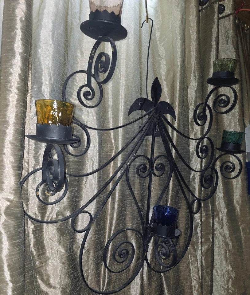 Antique Art Nouveau Black Wrought Iron Heart and Scroll 36x36 Wall Sconce W Glas - Image 2 of 4