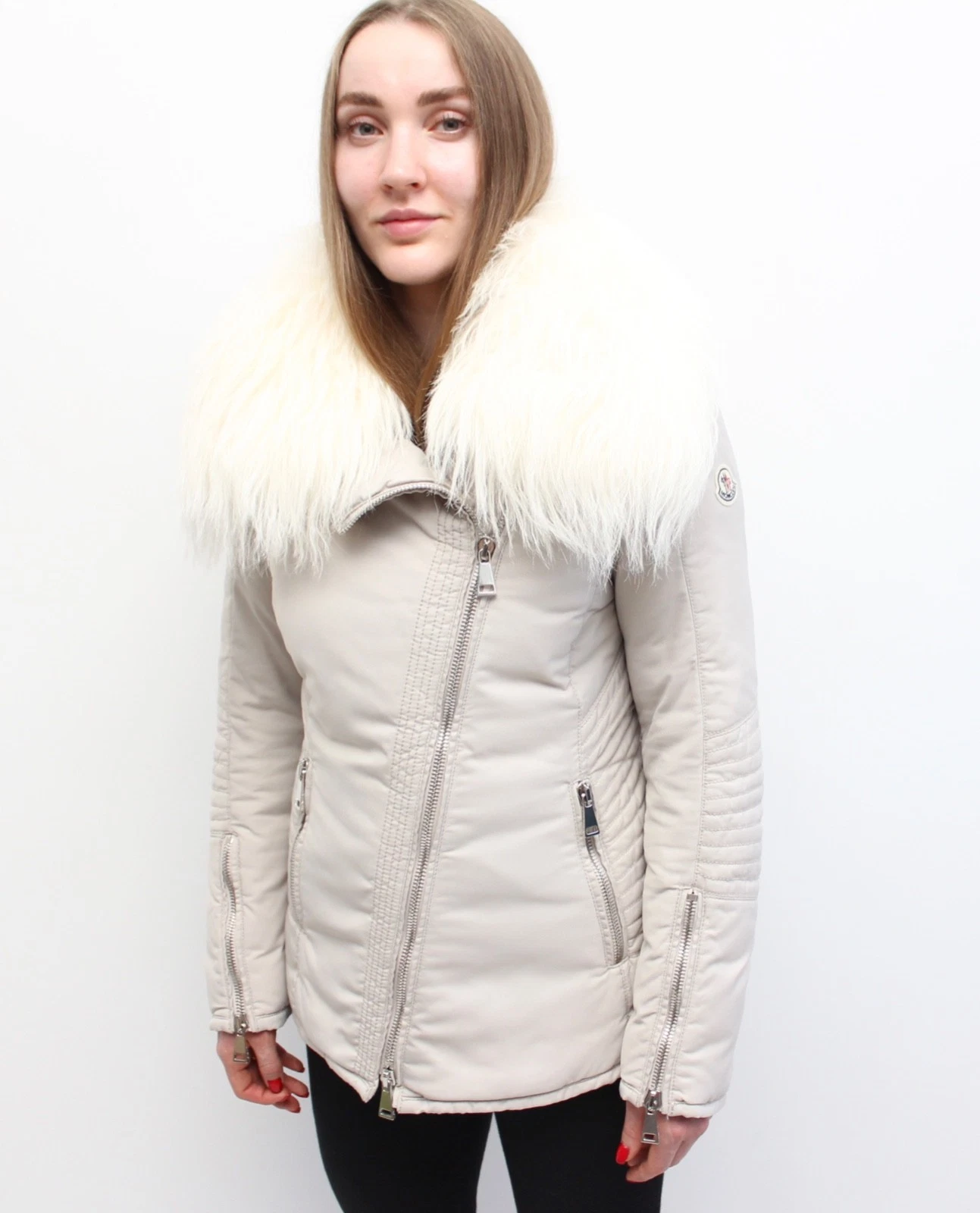 Authentic Women's MONCLER Choisia Down Puffer Jacket Fur Trim RARE 2 S/M
