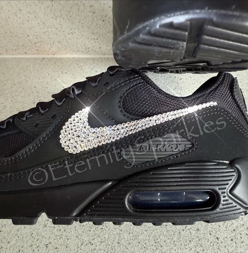 Customised Black Leather Crystal Sparkle Nike Air Max 90 Ladies Trainers BNIB - Picture 2 of 5