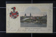 Prägedruck AK Mainz 1903 gelaufen Häuser  Wappen Schiffe Schaufelraddampfer