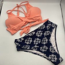 Women L Strappy Sweetheart Twist Bikini Top XL Bottoms Navy Print 2 Pc Swimsuit