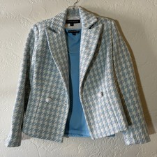 Boston Proper Light Blue Silver Houndstooth Blazer Top Set Wool Blend Size 0