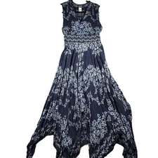 Bila Women Dress Handkerchief Asymmetrical Hem Baby Doll Blue Floral Small C206