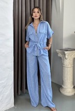 Zara Linen Blend Safari Shirt and Wide Leg Trousers Size S Blue Co Ord 2273/996