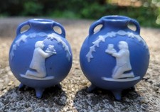 Miniature Blue & White Jasperware Amphora Footed Vases Cauldron Style Pair