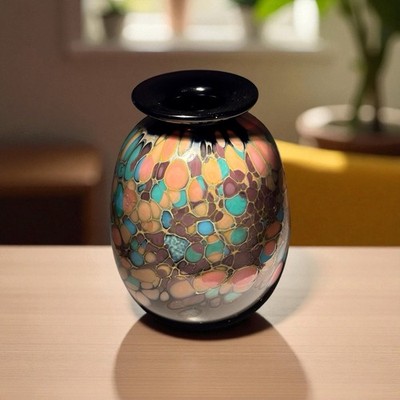 Rick Hunter Signed 1994 5  Art Glass Vase Blue/Pinks/Black Vintage