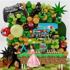 Pixel Game Birthday Party Supplies Kit - 131 Pcs Balloons, Backdrop, Table Cover