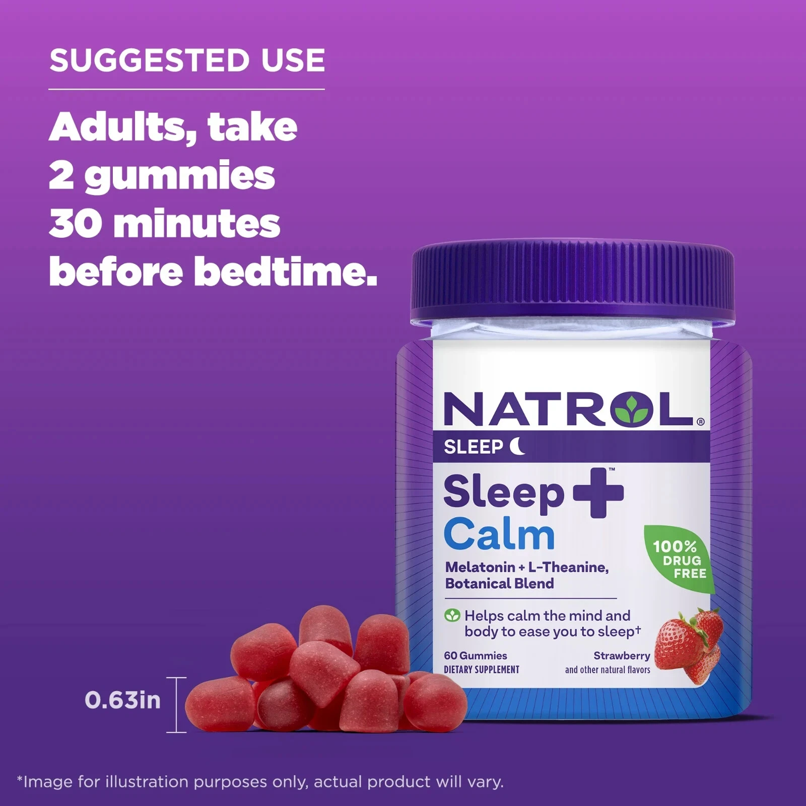Natrol® Sleep+ Calm Melatonin Gummies for Adults, Strawberry Flavor, 60 Count - Picture 4 of 4