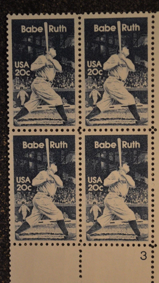 1983USA #2046 20c Babe Ruth - Baseball - Plate Block of 4 LR Mint NH - Image 3 of 4